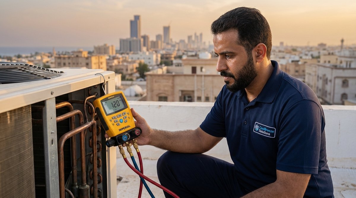 HVAC technician servicing air conditioner in Jeddah